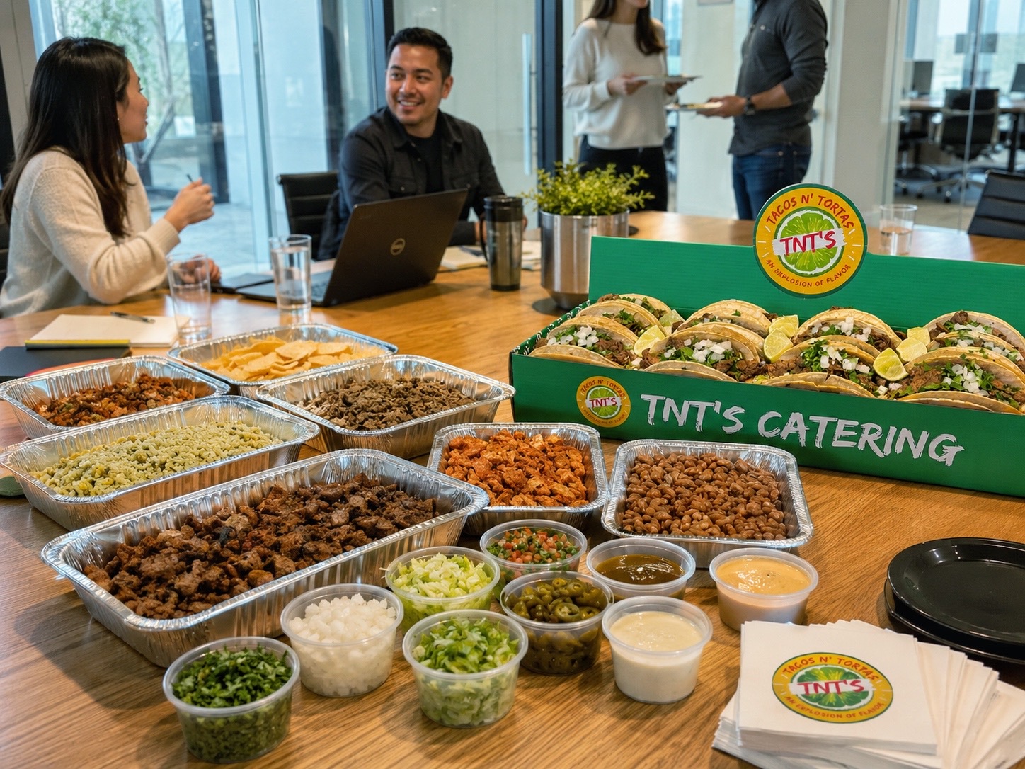 TNT’s tacos, sides and green Fiesta Boxes set out for an office lunch