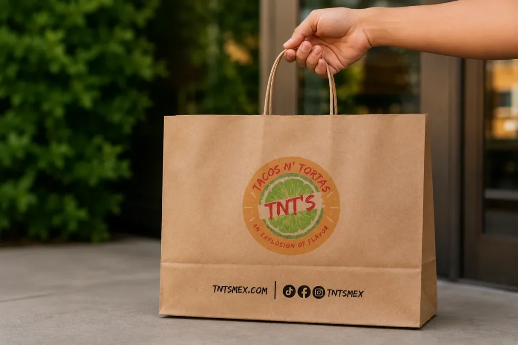 TNT’s Tacos N’ Tortas takeout bag for Drive-Thru pickup, online ordering, delivery, and catering in Olathe, KS